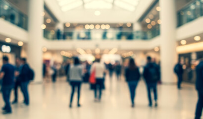 Blurred view of people walking inside a shopping mall with bright lighting.