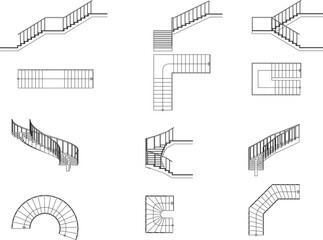2D Stair Drawing Plans and Elevations Vector Set for Architecture and Interior Design