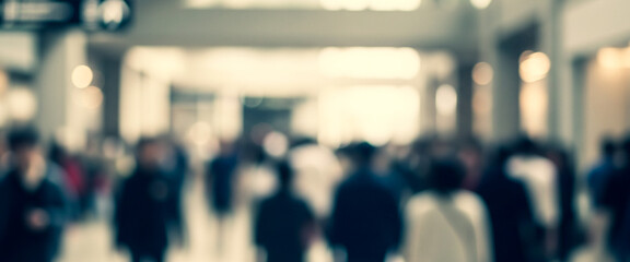 Fototapeta premium Blurred crowd of people walking inside a building with columns and high ceiling.