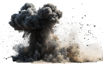 Massive mushroom cloud explosion with debris and smoke isolated on transparent background