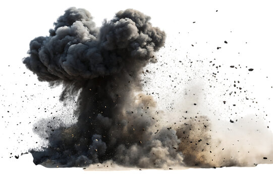 Massive mushroom cloud explosion with debris and smoke isolated on transparent background