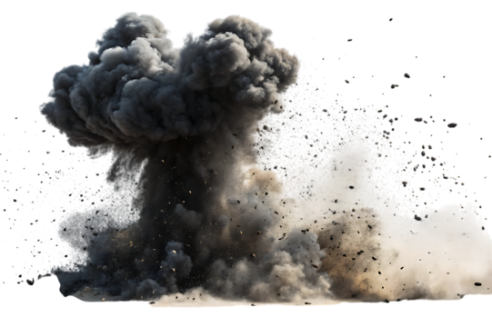 Massive mushroom cloud explosion with debris and smoke isolated on transparent background