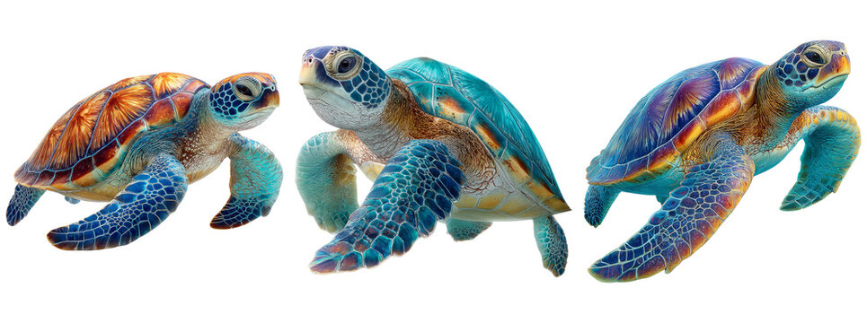 Colorful Sea Turtles Swimming in Transparent Background Environment