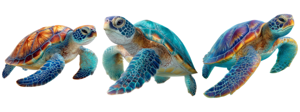 Colorful Sea Turtles Swimming in Transparent Background Environment - Powered by Adobe