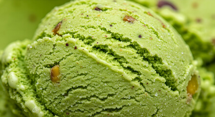 Pistachio ice cream scoop close up