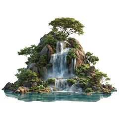 Lush Tropical Island with Waterfall and Clear Blue Water Scene
