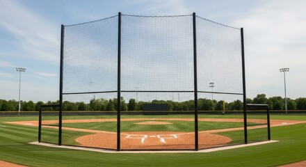 Baseball batting cage on a sports field with green grass and clear sky