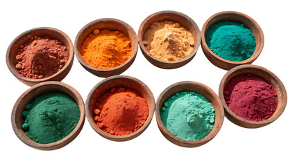 Eight small wooden bowls filled with vibrant colored powders isolated on transparent background