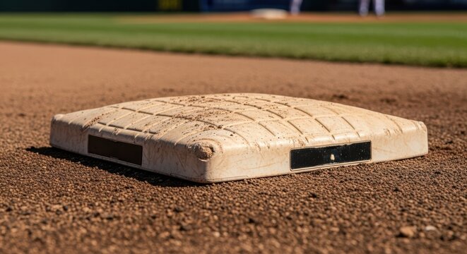 Close up of a baseball base on a dirt infield under bright sunlight with green grass in the background
