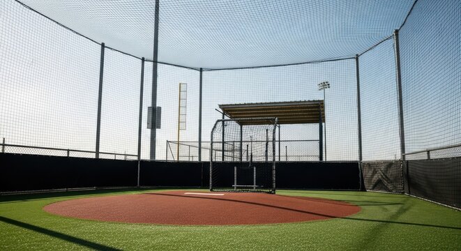 Baseball batting cage with home plate and dugout bench on a sunny day