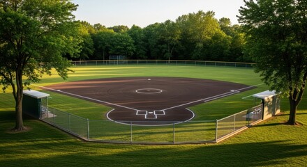 Obraz premium A Sunny Day Batting Practice On A Baseball Field Surrounded By Lush Green Trees