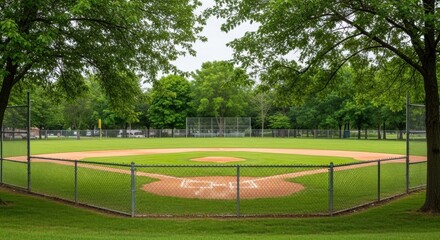 A Beautiful Green Baseball Field Surrounded by Mature Trees on a Cloudy Day