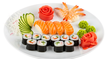 Delicious assortment of sushi and sashimi with decorative garnishes on a white plate isolated on transparent background