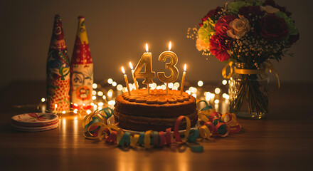 Fototapeta premium Illuminated Forty-Three Birthday Cake, Candles, and Celebration Glow