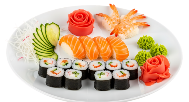 Delicious assortment of sushi and sashimi with decorative garnishes on a white plate isolated on transparent background