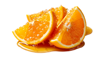 Juicy orange slices with dripping honey and pulp isolated on transparent background