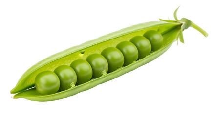 Freshly opened green pea pod with ripe peas inside isolated on transparent background