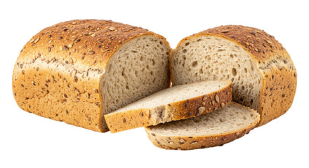 Freshly baked whole grain bread loaf with slices cut and displayed on a transparent background isolated on transparent background