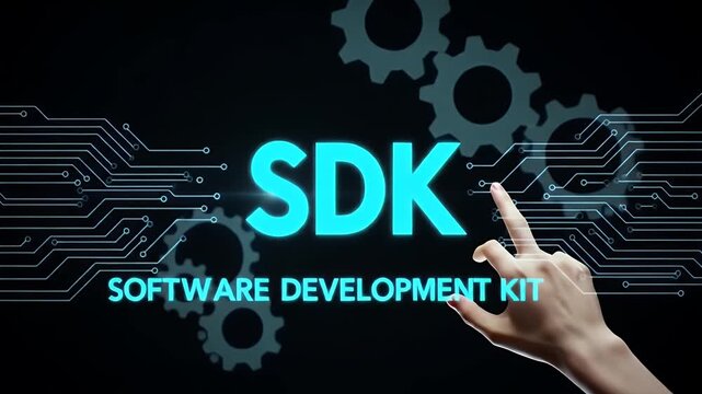 Hand Touching Blue Sdk Software Development Kit with Gears and Circuit Board Pattern Against a Dark Background Technology Concept