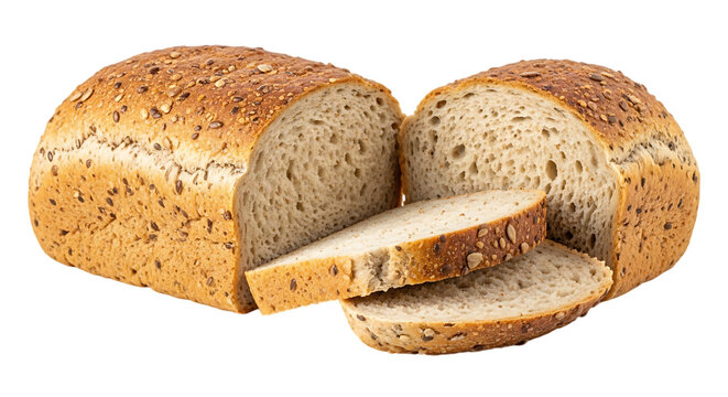 Freshly baked whole grain bread loaf with slices cut and displayed on a transparent background isolated on transparent background