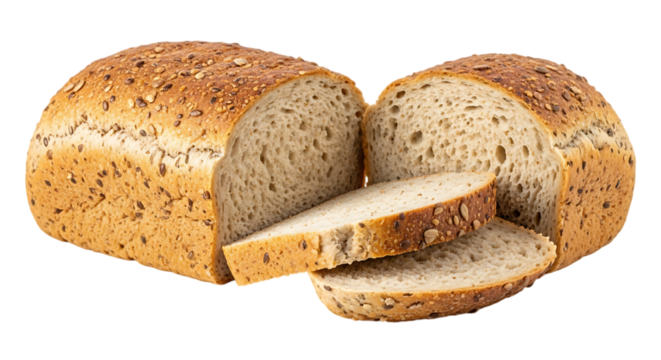 Freshly baked whole grain bread loaf with slices cut and displayed on a transparent background isolated on transparent background - Powered by Adobe