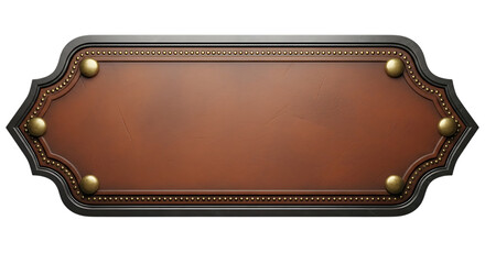 Ornate antique leather and metal plaque with decorative gold trim isolated on transparent background