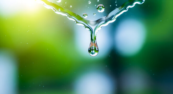 Macro shot of a water droplet falling in a green environment, close up of clean water - Powered by Adobe