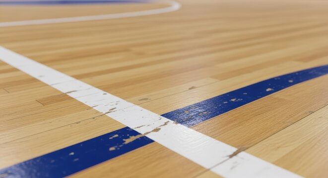 Close up of a polished wooden basketball court with blue and white lines