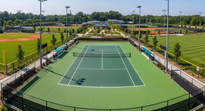 Bright Sunny Day Overlooking Pristine Tennis Courts Surrounded by Lush Green Trees and Sports Fields