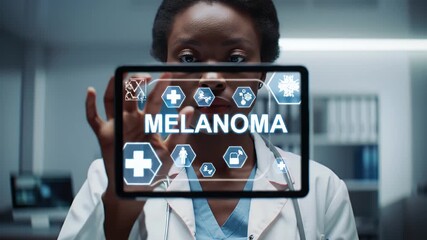 African American Doctor Examining Melanoma Diagnosis on a Digital Tablet in a Bright Hospital Setting with High Tech Display and White Coat - Powered by Adobe