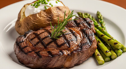 Juicy grilled ribeye steak with rosemary, served with a loaded baked potato and fresh asparagus on a white plate.
