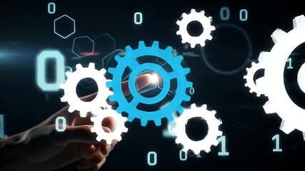 Hand Touching Blue Gears with Binary Code Overlay on a Black Background Digital Futuristic Innovation and Technology - Powered by Adobe