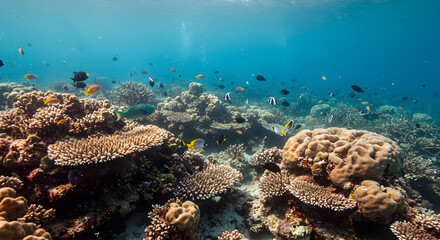 Underwater coral reef scene with colorful fish