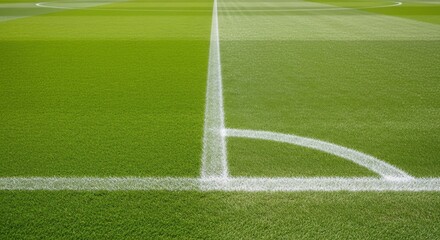 Obraz premium Green Sports Field Corner Marking Freshly Painted White Lines Close Up