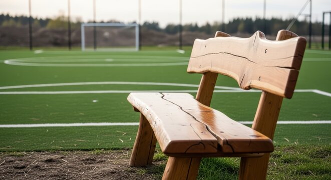 Wooden bench overlooking a vibrant green soccer field with goalposts in the background