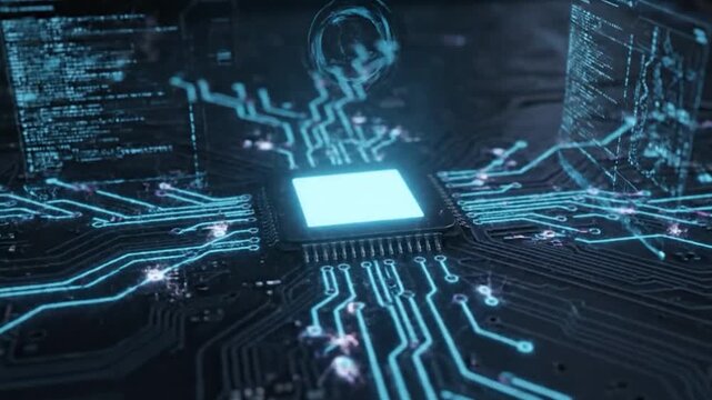 Concept animation shows the process of turning on the CPU in the motherboard. Digital pulses and signals from the chip propagate through the motherboard. 3d.