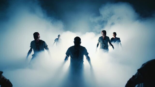 Silhouettes of a Zombie Horde Standing and Limping Through Dense Fog in an Empty Space