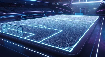 Futuristic Neon Soccer Stadium with Digital Field and Glowing Blue Lights