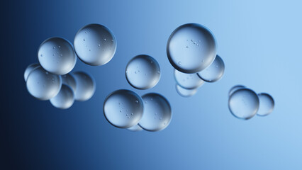 3D transparent bubbles in air, light blue gradient.