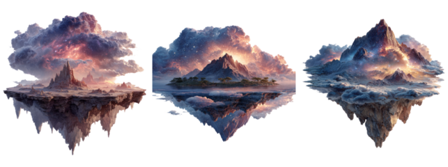 Surreal Floating Mountains with Clouds and Reflections in Distance