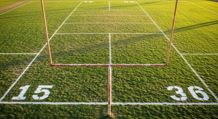 American Football Field Goalposts And Yard Markers On Grassy Sports Turf