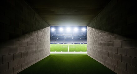 Players emerge from dark tunnel onto brightly lit football field ready for game