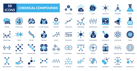 Chemical Compounds Fill Icon Set. H2O Molecule, Co2 Emission, O2 Gas, Ch4 Structure, Nh3 Diagram, Hcl Acid, H2So4 Flask