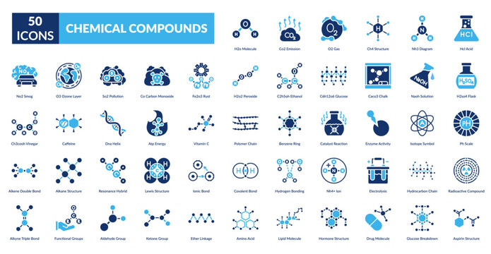 Chemical Compounds Fill Icon Set. H2O Molecule, Co2 Emission, O2 Gas, Ch4 Structure, Nh3 Diagram, Hcl Acid, H2So4 Flask