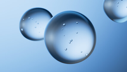 Transparent floating bubbles on blue background. Abstract composition.