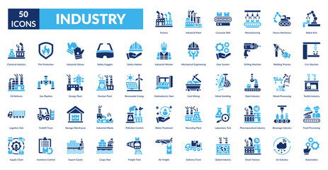 Industry Fill Icon Set. Factory, Industrial Plant, Conveyor Belt, Manufacturing, Heavy Machinery, Robot Arm, Cnc Machine