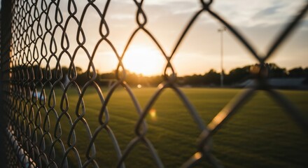 Golden Hour Sunset Over a Grassy Field Through a Chain Link Fence