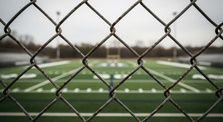 Naklejka premium American Football Field Behind a Wire Fence on an Overcast Day