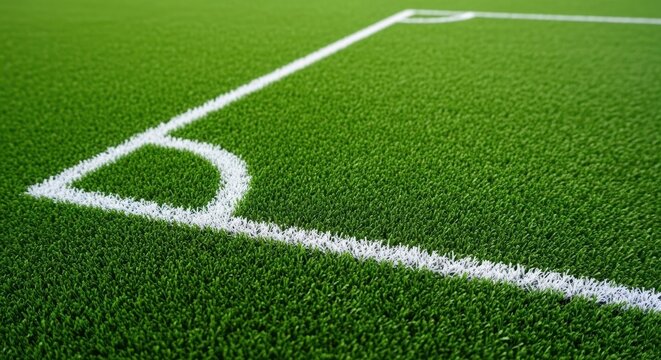 Close up view of a bright green soccer field corner with white boundary lines