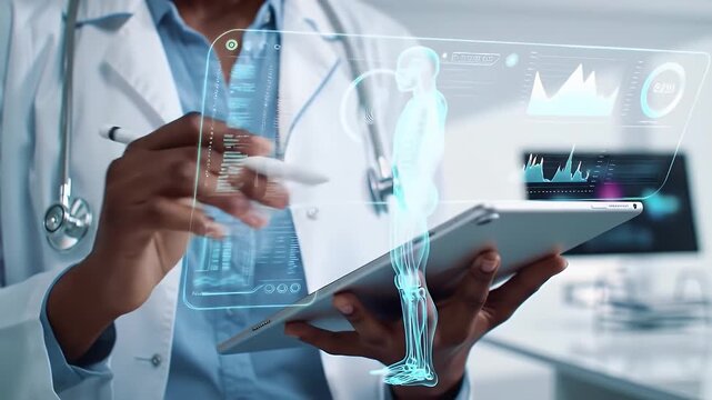 African American Doctor in White Coat Examining Holographic Human Body with Tablet and Stylus in Bright Modern Office Environment
